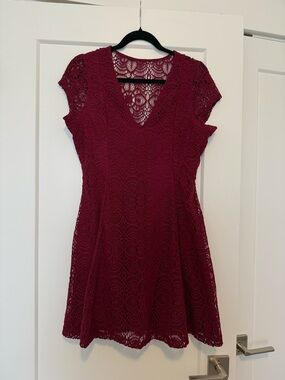 Express Burgundy Crochet Lace V-Neck Fit & Flare Mini Dress